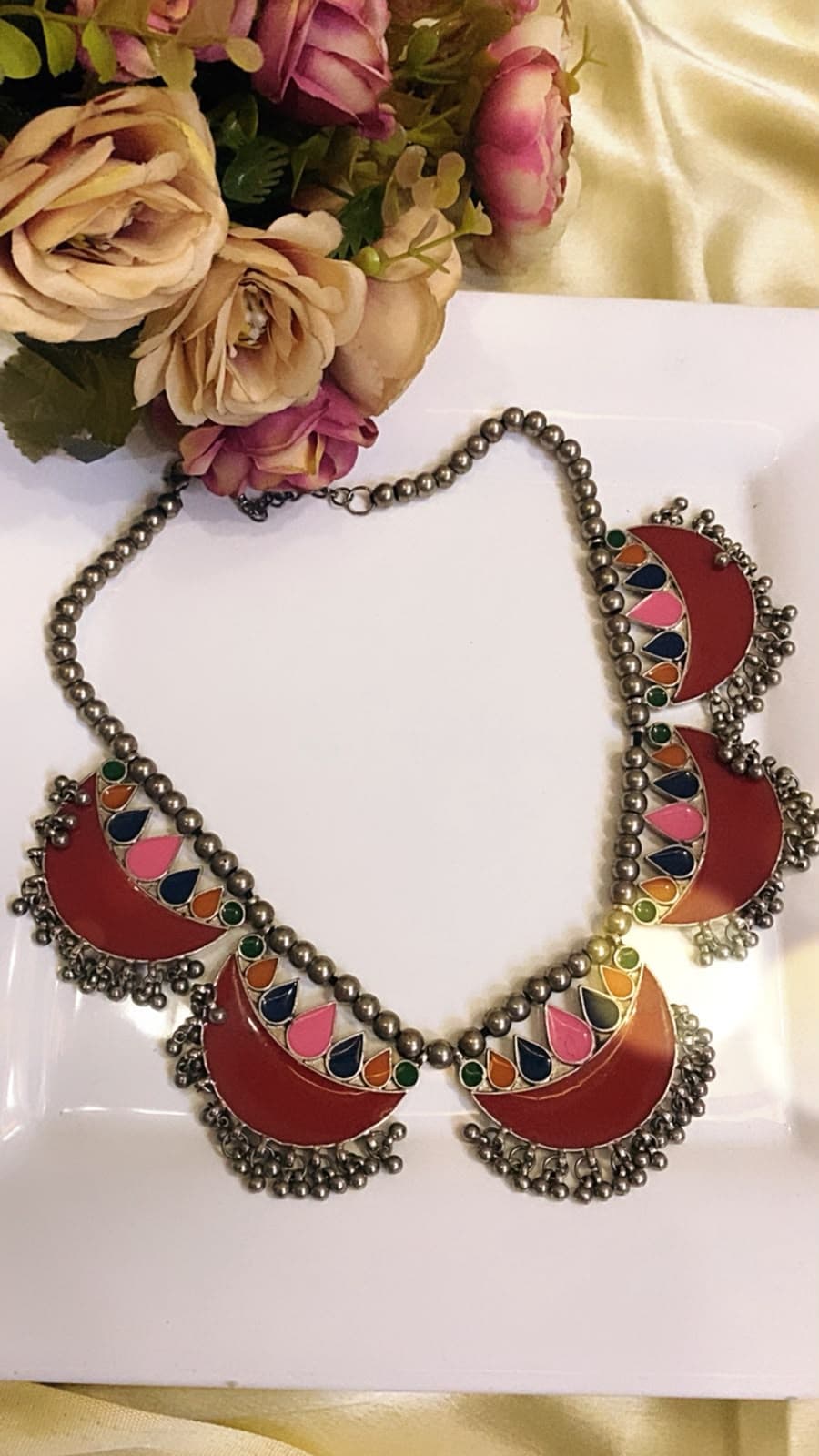 Multi colour stone beaded oxidised necklace