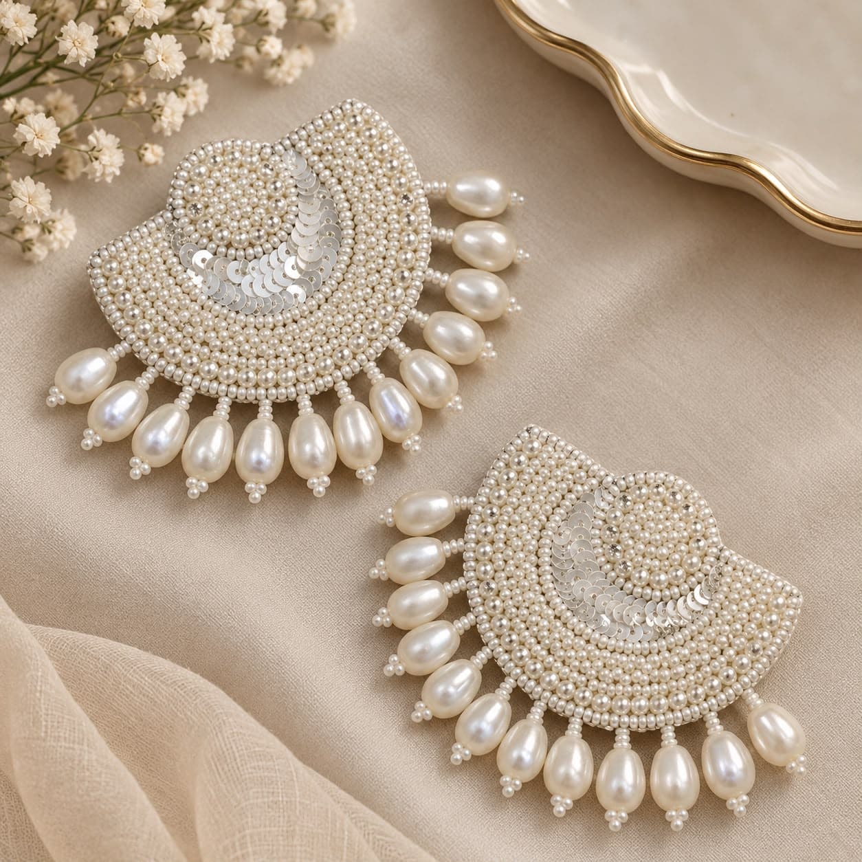 Quirky white beaded earrings with sequins
